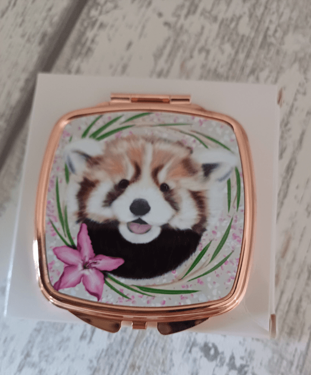 Red panda compact mirror,  rose gold colour 