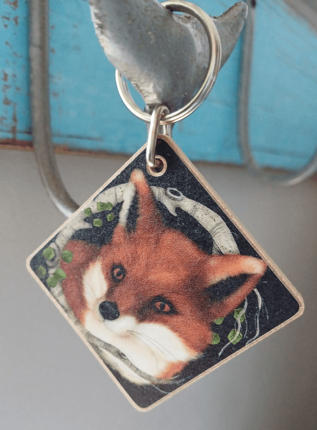 Fox and Silver Birch wooden key ring 